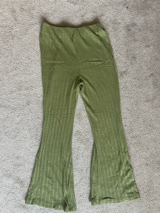 Pants - Olive Green Ribbed Knit Flared Bottoms